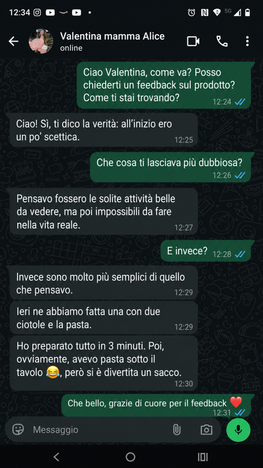 Conversazione WhatsApp con Valentina, mamma di Alice