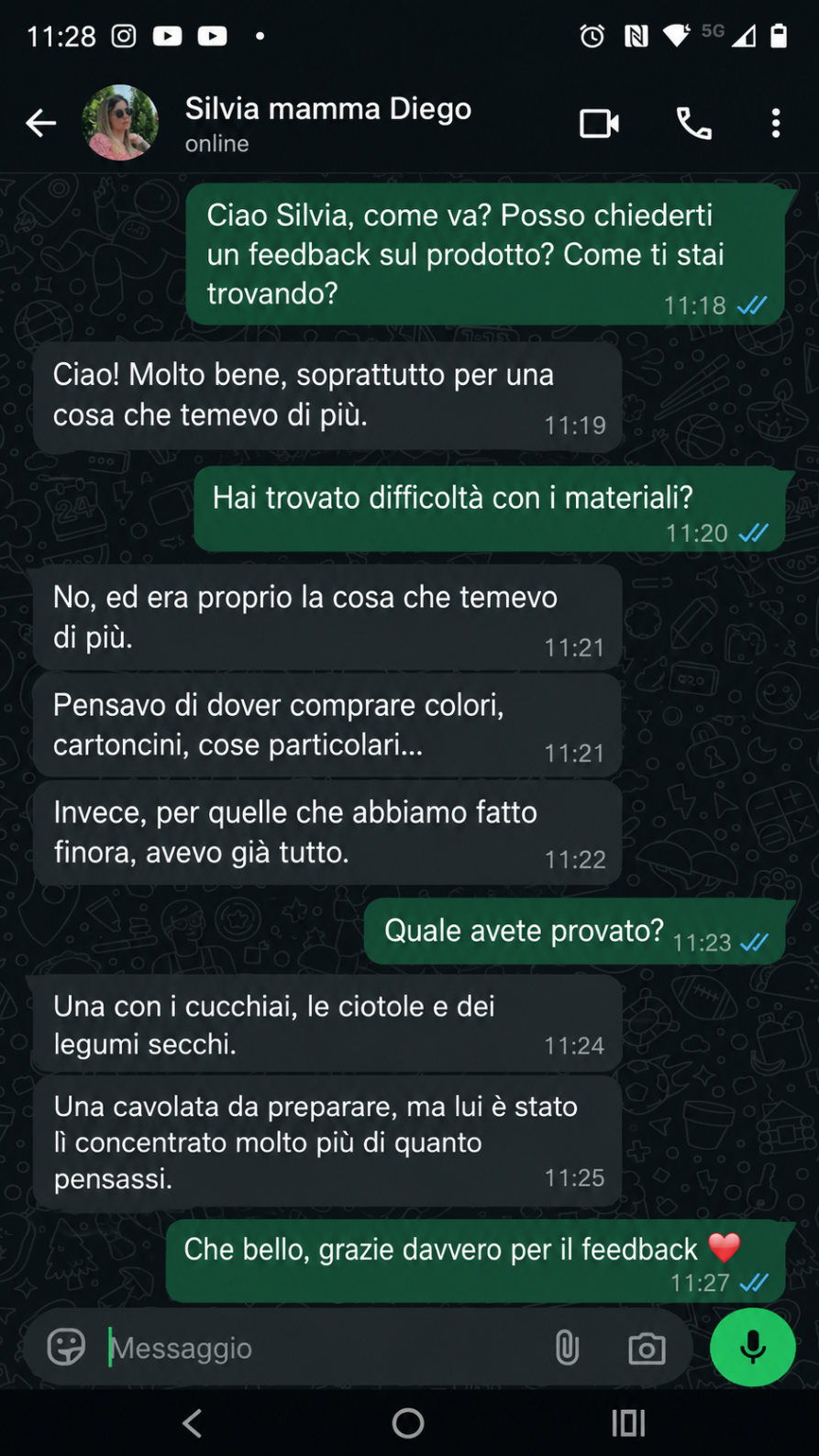 Conversazione WhatsApp con Silvia, mamma di Diego