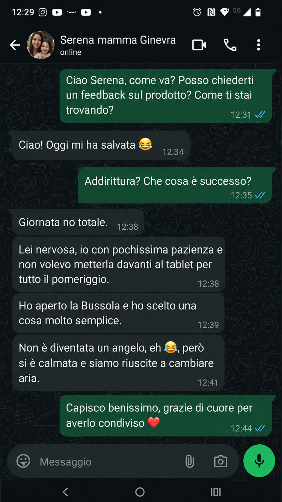Conversazione WhatsApp con Serena, mamma di Ginevra