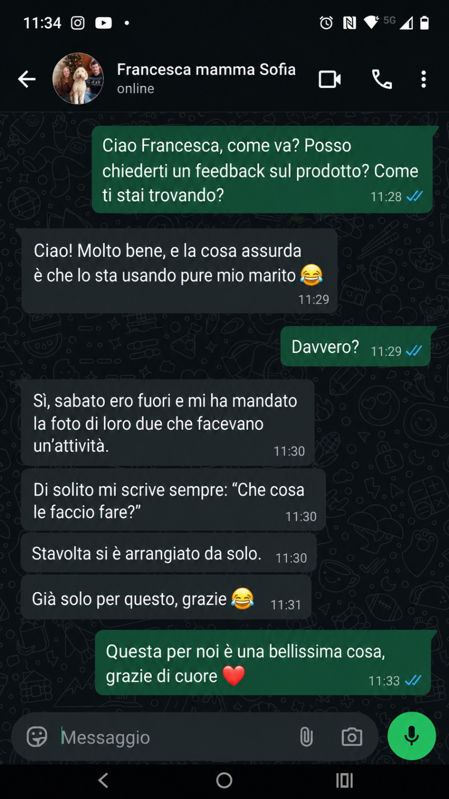 Conversazione WhatsApp con Francesca, mamma di Sofia