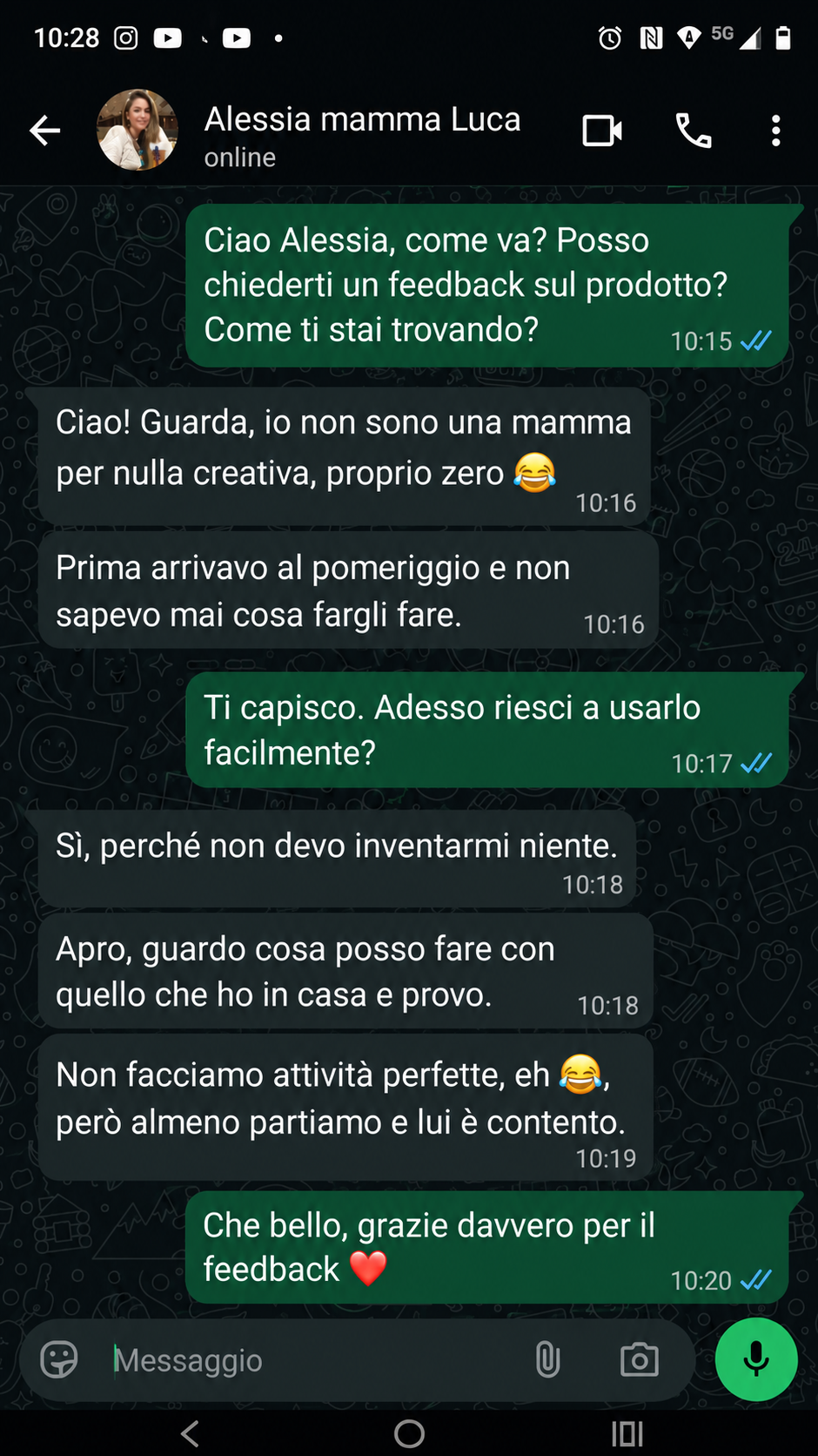Conversazione WhatsApp con Alessia, mamma di Luca