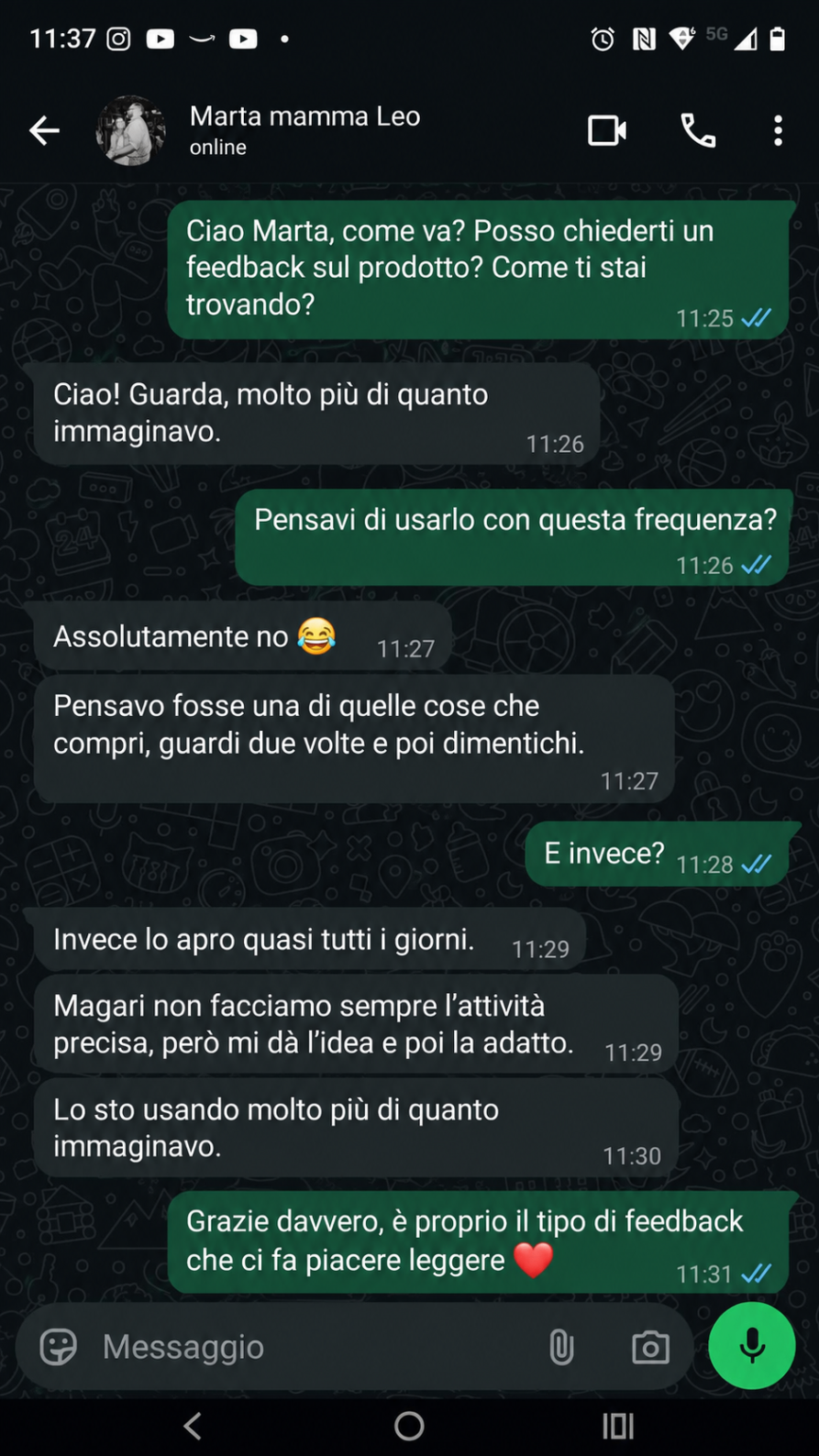 Conversazione WhatsApp con Marta, mamma di Leo