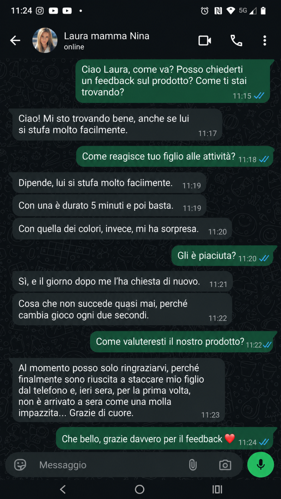 Conversazione WhatsApp con Laura, mamma di Nina