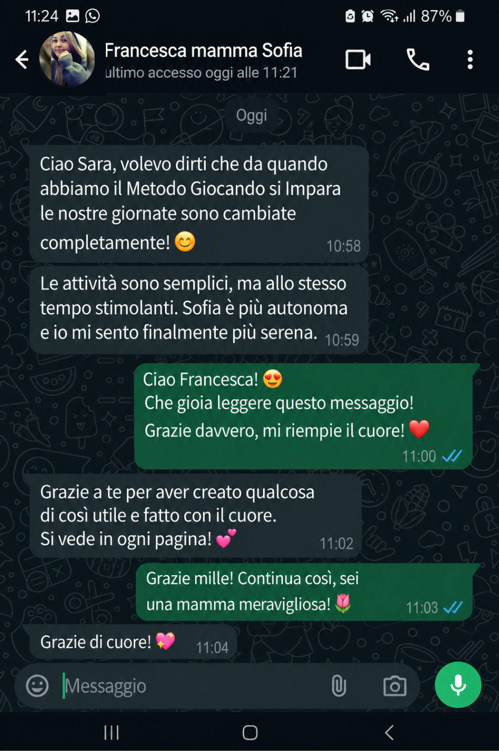 Conversazione WhatsApp con Francesca, mamma di Sofia